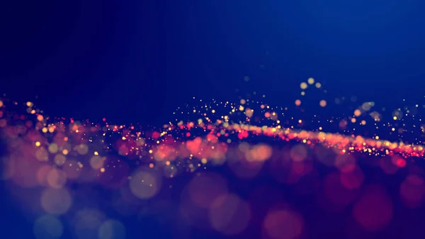 cloud of multicolored particles fly in air slowly or float in liquid like sparkles on dark blue background. Beautiful bokeh light effects with glowing particles. 41