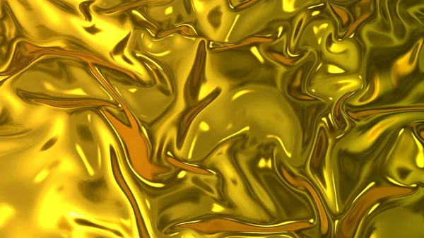 3D render beautiful folds of golden silk in full screen, like a beautiful clean fabric background like gold foil. Simple soft background with smooth folds like waves on a liquid surface.