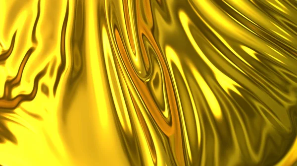 3D render beautiful folds of golden silk in full screen, like a beautiful clean fabric background like gold foil. Simple soft background with smooth folds like waves on a liquid surface.