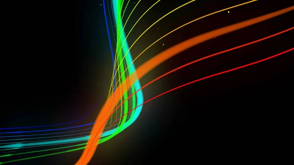 rainbow color neon lines form wave. 3d abstract creative background like glow ribbon with particles isolated on black background