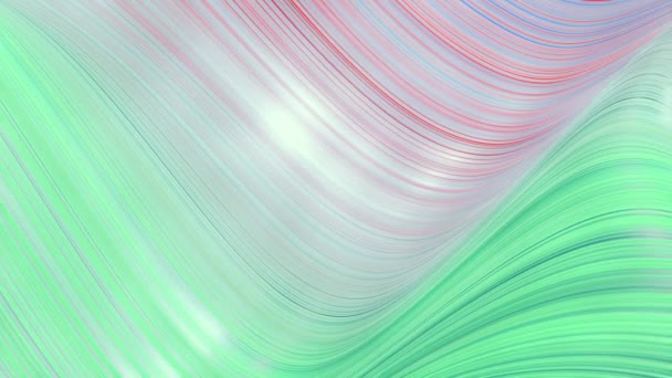 Krásná abstrakce vln na povrchu jako látkové záhyby nebo vlny na kapalině, barevný gradient zelená modrá červená, protlačované čáry jako pruhy na povrchu látky. 4k smyčka pozadí. Hladká animace