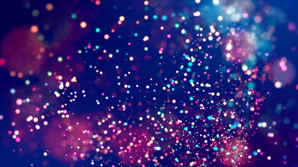 cloud of multicolored particles fly in air slowly or float in liquid like sparkles on dark blue background. Beautiful bokeh light effects with glowing particles.