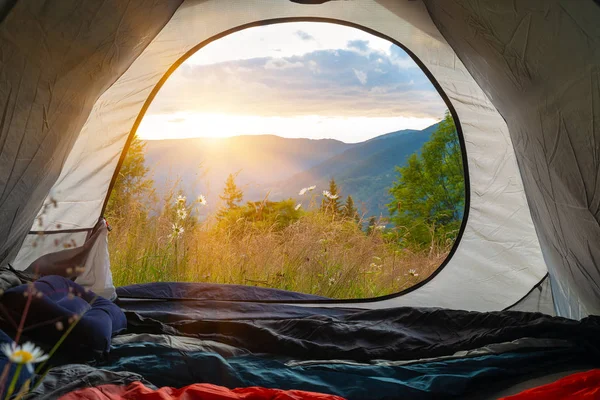 View from the tourist tent on the mountains, meadow, flowers, early in the morning when the sun rises. tourist tent