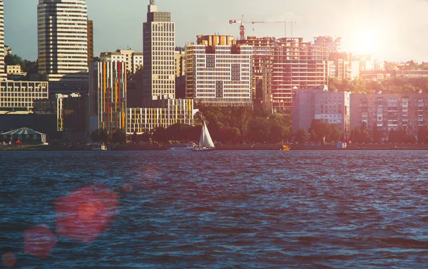 Quay Big City Sunset River Dnepr Dněpropetrovsk Blue Toning Background — Stock fotografie