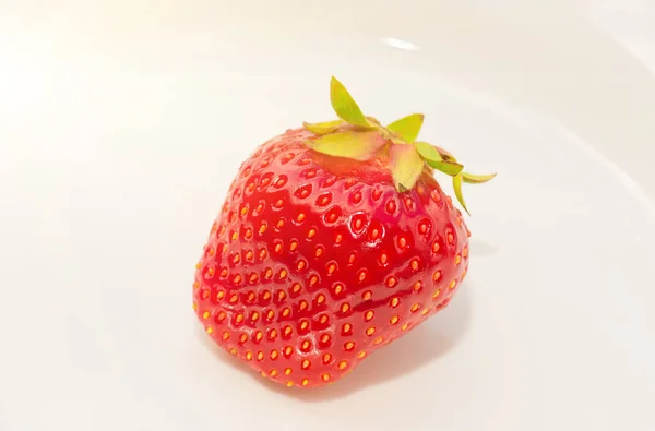 新鮮な熟した赤い有機イチゴが白い皿の上に閉じ込められ — ストック写真