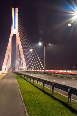Büyük çelik kablolarla kablo destekli bir köprüden geçen otoyol, geceleri yakın plan.