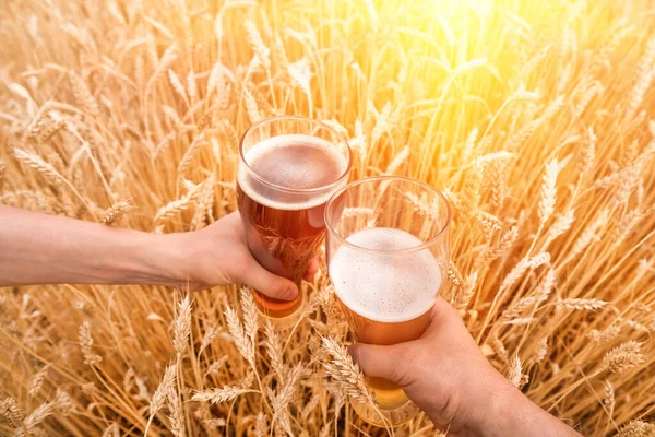 Glass Beer Hands Ears Ripe Wheat Wheat Field — Stock Photo, Image