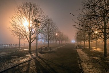 Gece şehir parkında sis var. Buzlar çözülürken sokak lambalarının ışığı altında. Sokak lambası kapanıyor.