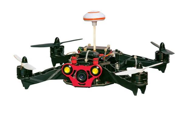 Quadcopter Isolado Fundo Branco Drone Controlado Remotamente Voando Com Câmera — Fotografia de Stock