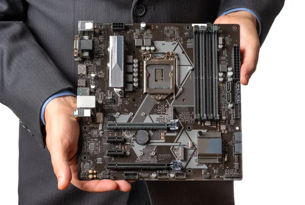 Alaplap Hands Closeup Elszigetelt Fehér Háttér Lga1151 Aljzat Lapkakészlet Elektronikus — Stock Fotó