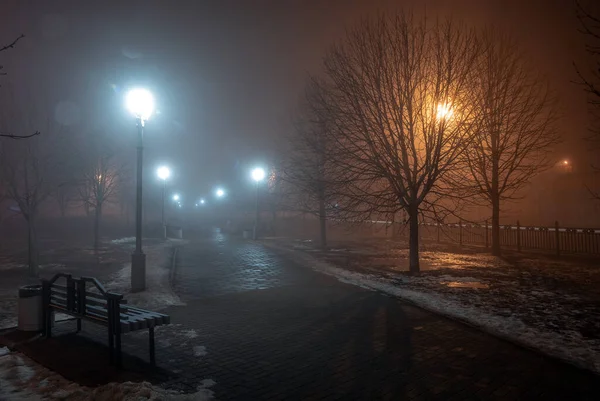 公園の夜霧の中のランタンの木やベンチ 公園で晩秋の夜 木のベンチと公園の路地 — ストック写真