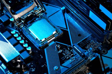 İşlemcinin makro görünümü, soket, bilgisayar ana kartındaki bellek