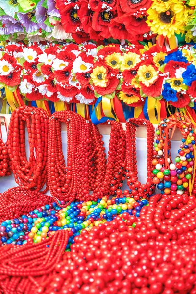 Gorgeous Red Colorful Beads National Jewelry Ukraine Multicolored Beads Womens — Stock Photo, Image