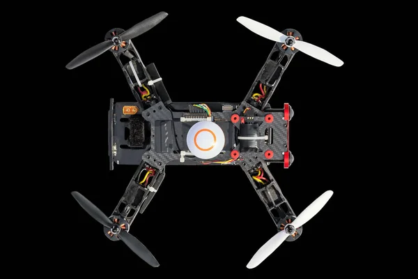 Dron Elicottero Quad Isolato Sfondo Nero Dron Telecomandato Elicottero Quadro — Foto Stock