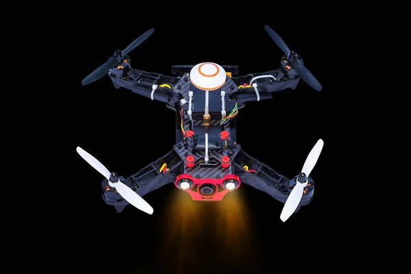 Dron Quad Copter Isolé Sur Fond Noir Dron Télécommandé Quadro — Photo