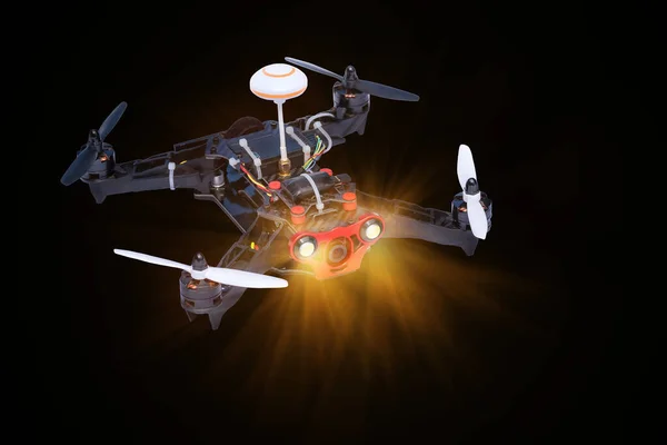 Dron Elicottero Quad Isolato Sfondo Nero Dron Telecomandato Elicottero Quadro — Foto Stock