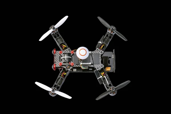 Dron Elicottero Quad Isolato Sfondo Nero Dron Telecomandato Elicottero Quadro — Foto Stock