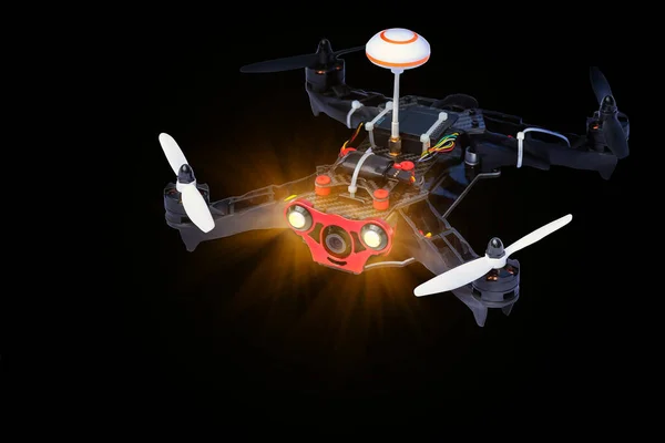 Dron Quad Copter Απομονωμένο Μαύρο Φόντο Τηλεχειριζόμενο Dron Quadro Copter — Φωτογραφία Αρχείου