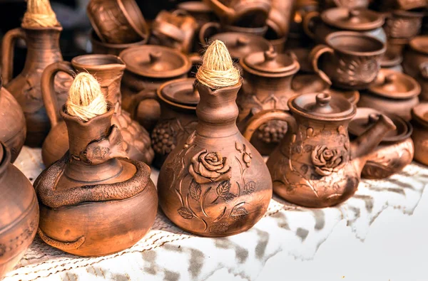 Clay Dishes Crockery Made Clay Ceramic National Ukrainian Dishes Made — Stock Photo, Image