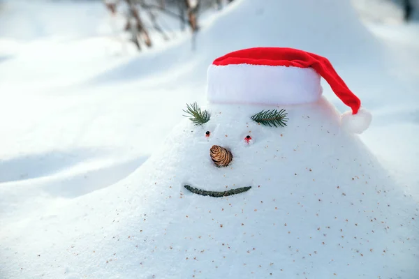 陽気な雪のドリフト 雪だるま クリスマスの帽子で 雪の冬の森でクリスマス休暇を待つことを期待して — ストック写真