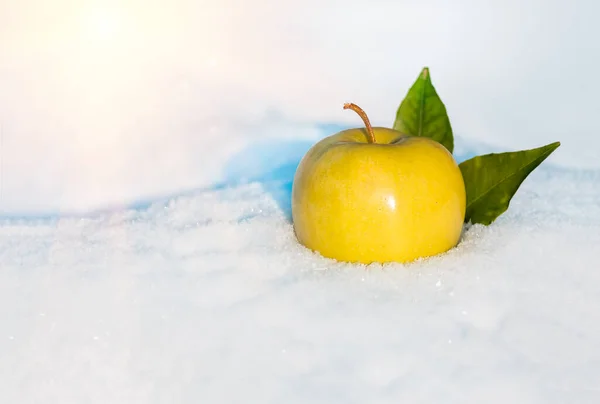 Jaune Délicieuse Pomme Noël Feuilles Dans Neige Avec Avant Noël — Photo