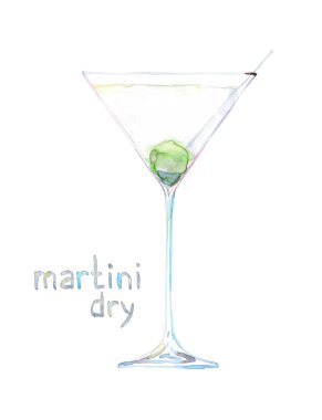 Suluboya el çizimi, beyaz harf izole edilmiş kokteyl martinisinin çizimi.