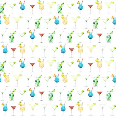 Suluboya el çizimi kusursuz desenli çizim çizimi. Kokteyller, mojito, daiquiri, mavi lagün, Manhattan, pina colada, margarita, beyaz üzerine kuru martini.