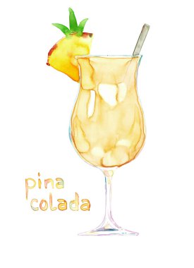 Suluboya el çizimi, beyaz harflerle izole edilmiş kokteyl pina colada çizimi