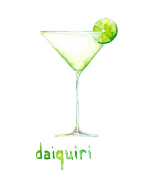 Suluboya el, beyaz harflerle izole edilmiş Daiquiri kokteyli çizimi.