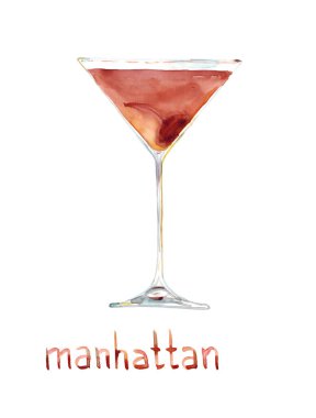 Suluboya el çizimi, Manhattan kokteylinin beyaz harflerle izole edilmiş çizimi.