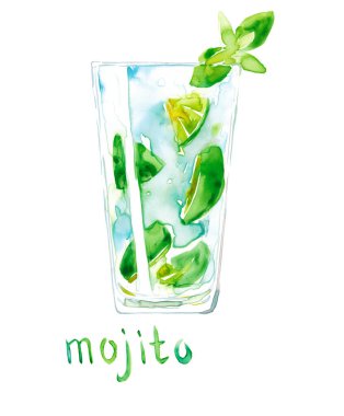 Suluboya el çizimi mojito kokteylinin çizimi beyaz harflerle izole edilmiş.