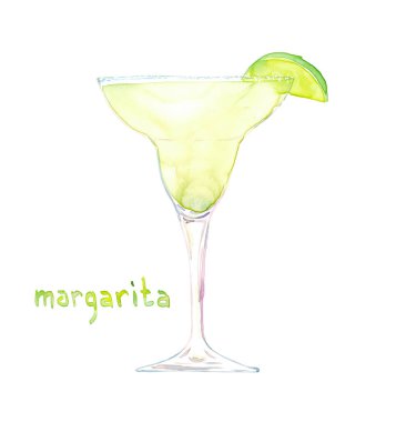 Suluboya el çizimi margarita kokteylinin çizimi beyaz harflerle izole edilmiş.