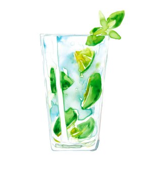 Suluboya el çizimi mojito kokteylinin çizimi beyaza izole edilmiş.