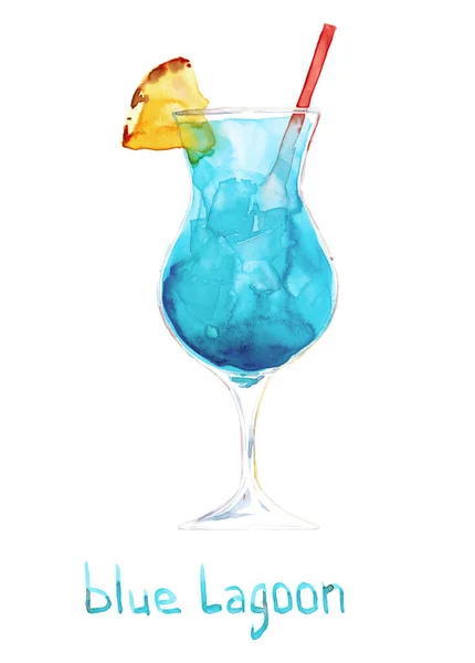 Watercolor Hand Drawn Sketch Illustration Blue Lagoon Cocktail Lettering Isolated — Stock Photo, Image