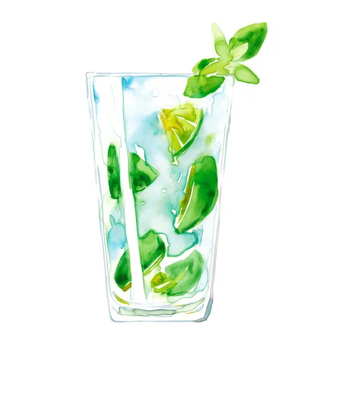 Desenho Mão Aquarela Ilustração Coquetel Mojito Isolado Branco — Fotografia de Stock