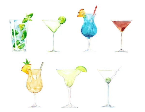 Akvarell Handritad Skiss Illustration Uppsättning Cocktails Med Mojito Daiquiri Blå — Stockfoto
