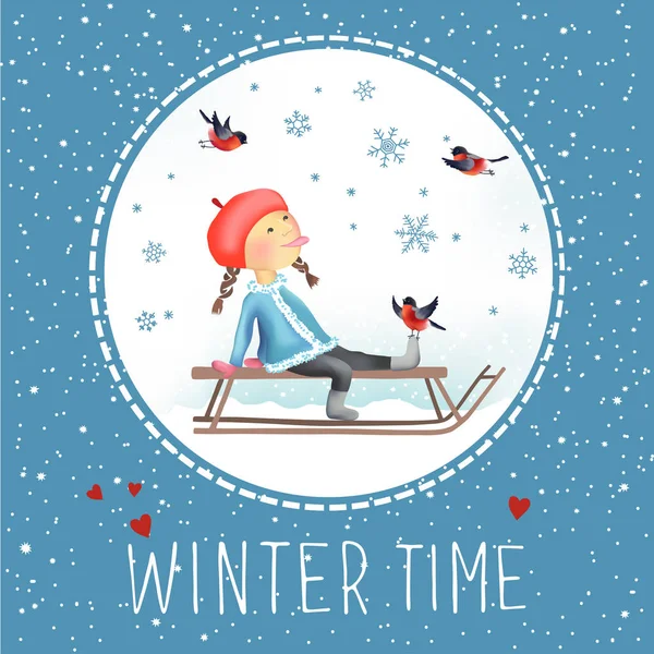 Little girl on sled — Stock Vector