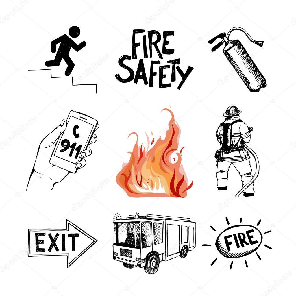 Fire safety and means of salvation icons set Vector Image
