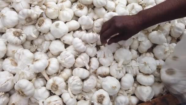 Zeitlupe Einer Person Afrikanischer Herkunft Die Einem Marktstand Knoblauchzwiebeln Allium — Stockvideo