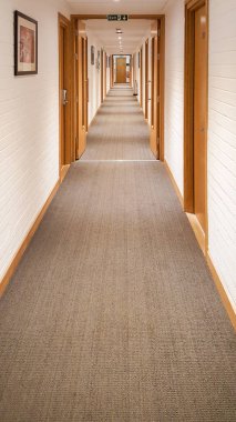 Her iki tarafında oda kapıları olan çağdaş otel koridoru.
