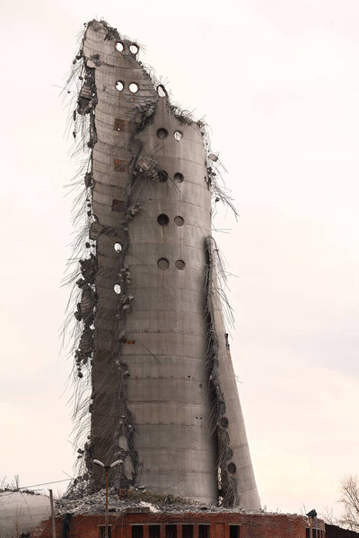 Demolition of abandoned television tower in Ekaterinburg in 24th of March 2018. remains of the destroyed tower