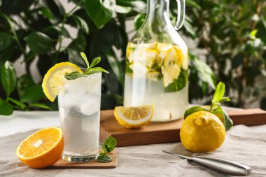 Cam bardak antika sürahi yanında buz küpleri ile narenciye nane limonata. Yaz içeceği Limoncello