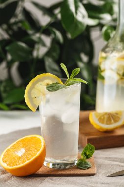 Cam bardak antika sürahi yanında buz küpleri ile narenciye nane limonata. Yaz içeceği Limoncello