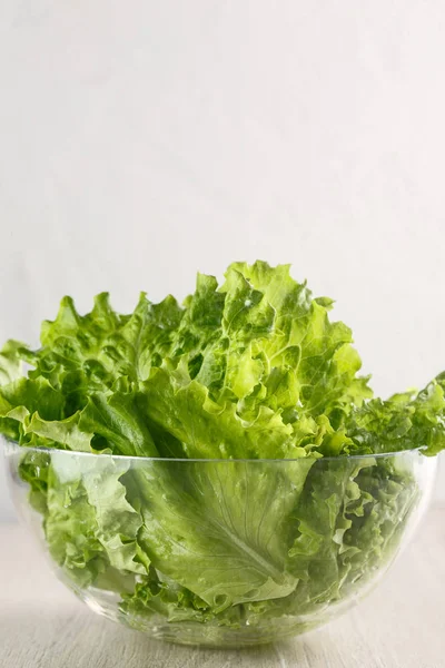 Lettuce leaves in glass bowl on white background — Stock Photo, Image