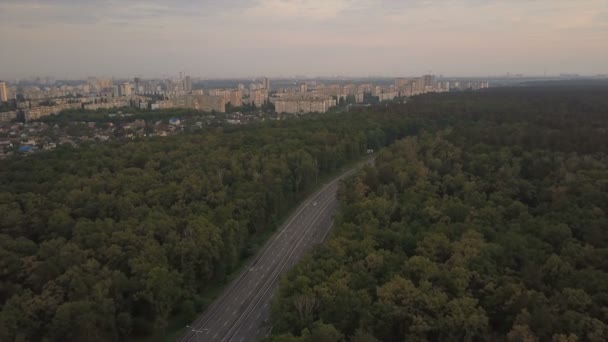 Auta jízdy po silnici se nachází mezi zelenými stromy v blízkosti města. Letecký pohled — Stock video