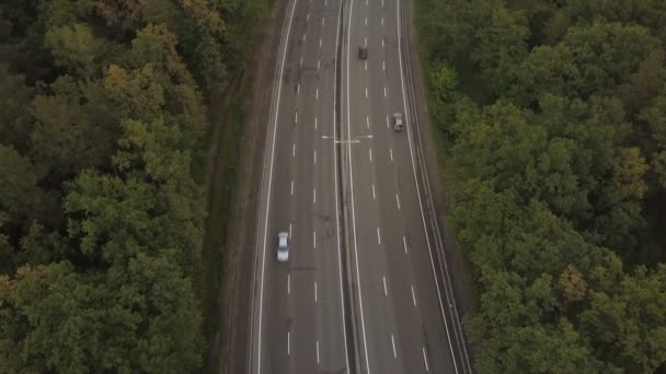 Les voitures roulent le long d'une route située parmi les arbres verts. Vue aérienne 