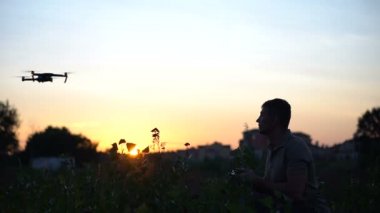 Bir adam bir dron bir çayır üzerinde yaz aylarında gün batımında kontrol eder