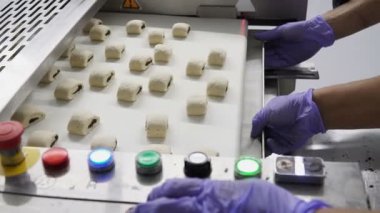 Unlu Mamüller imalatı için Konveyör bant yakınındaki kişi çalışıyor. Yakın çekim