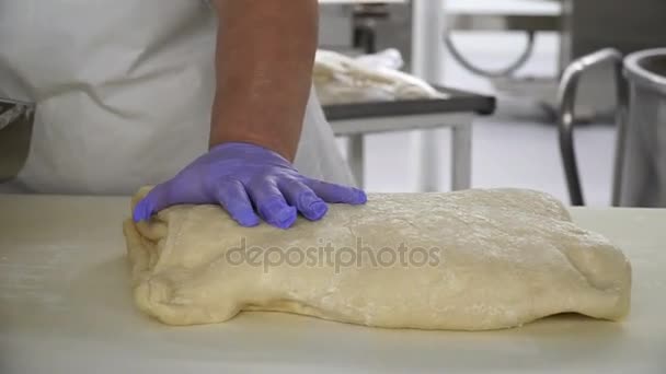 Eine Frau bereitet in einer Bäckerei einen Teig für Mehlprodukte zu. Nahaufnahme — Stockvideo