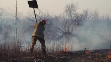 İtfaiyeci şehrin yakınlarında bir orman yangınını söndürdü. Çalıların ve ağaçların arasında dumanla yanan çimenler. Hava kirliliği ve ekoloji. Kuraklık ve iklim değişikliğinin yol açtığı yangınlar. Kundakçılık Çimi. İtfaiyeciler 